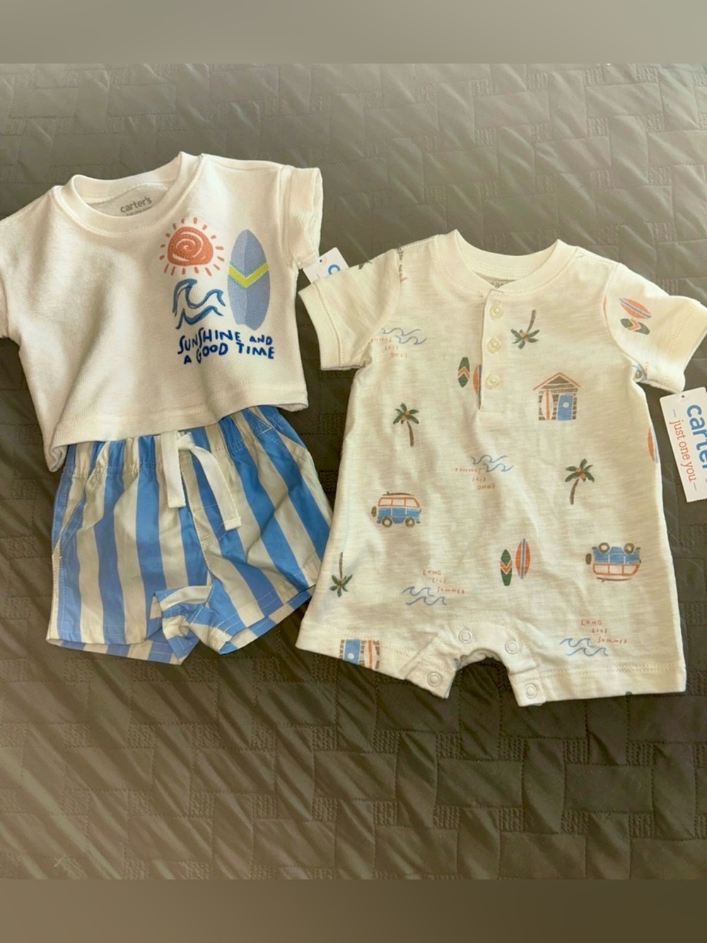 Carter's Cream Tee & Blue-White Striped Shorts Set